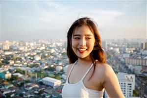 A young woman posing with a city skyline n the background